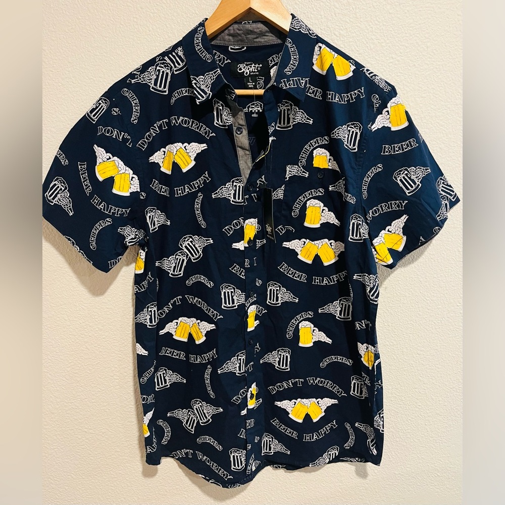 Eighty Eight 100% Cotton Button Up T Shirt Don’t Worry Beer Happy Size L